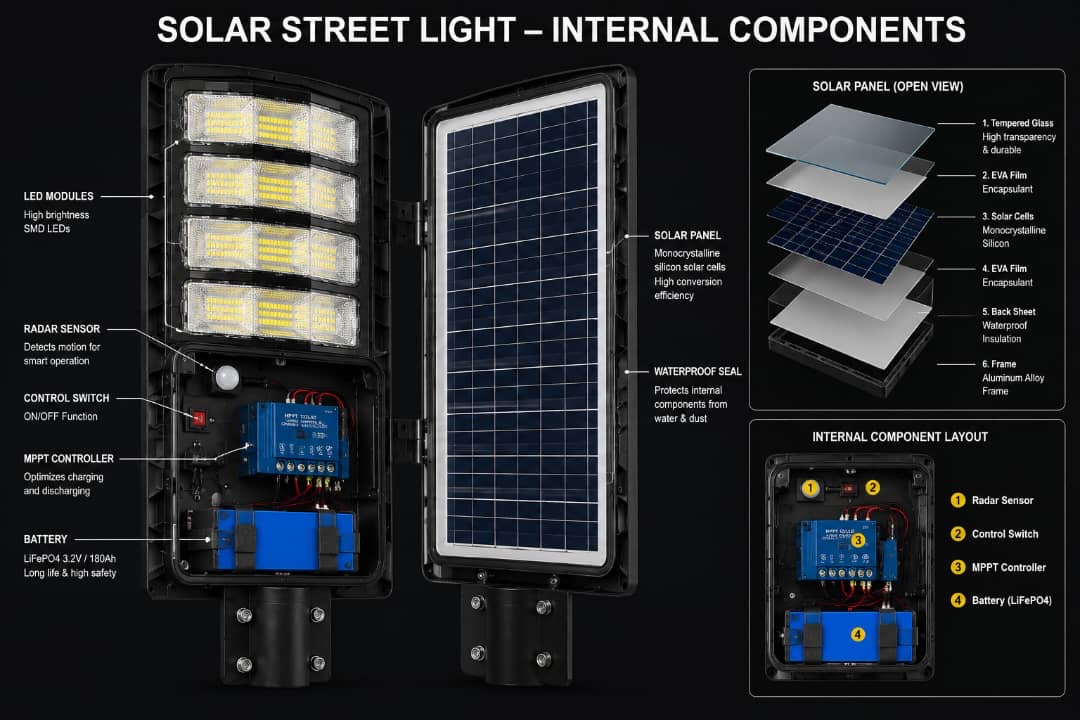 Internal components — MPPT, battery, radar sensor